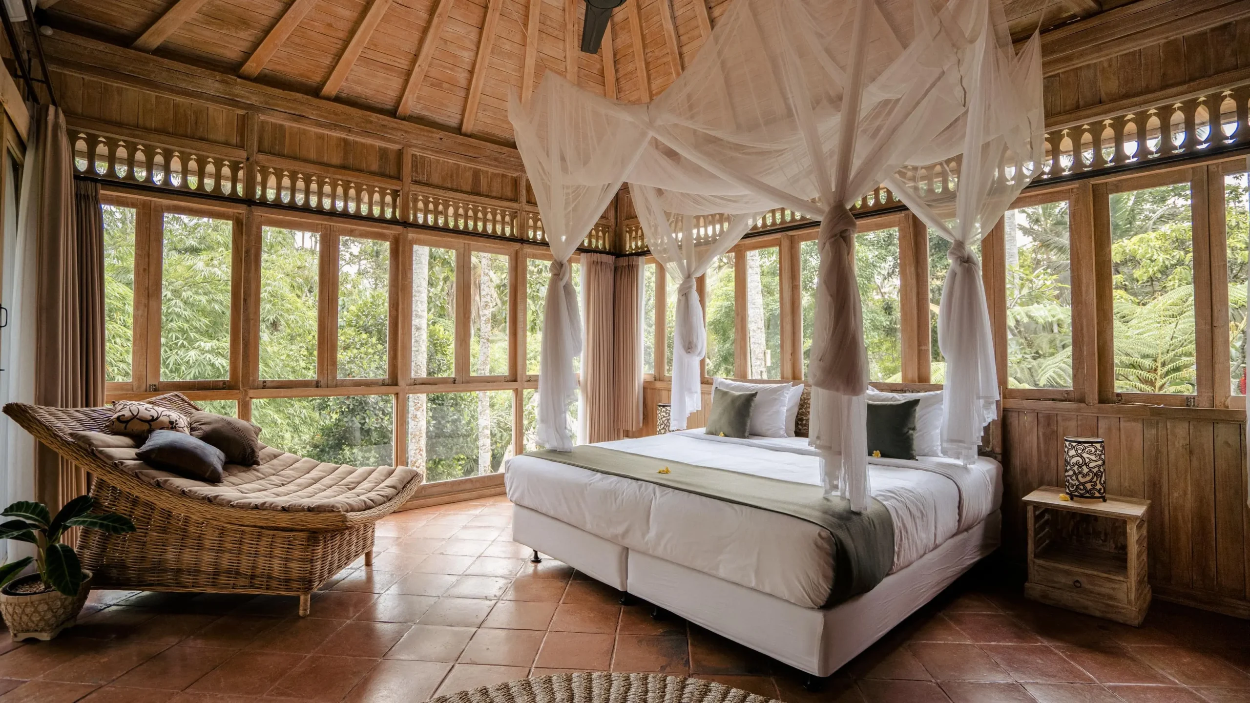 Serene wellness retreat room with a neatly made bed.