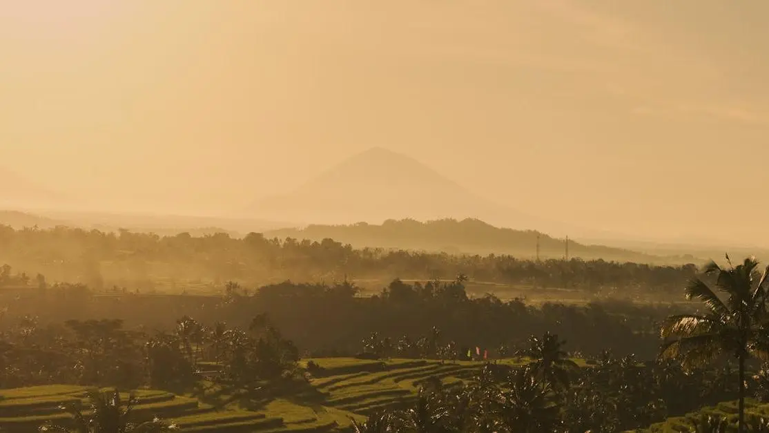 Golden sunrise over Bali's terraced rice fields and mountains, ideal setting for a Bali retreat planner.