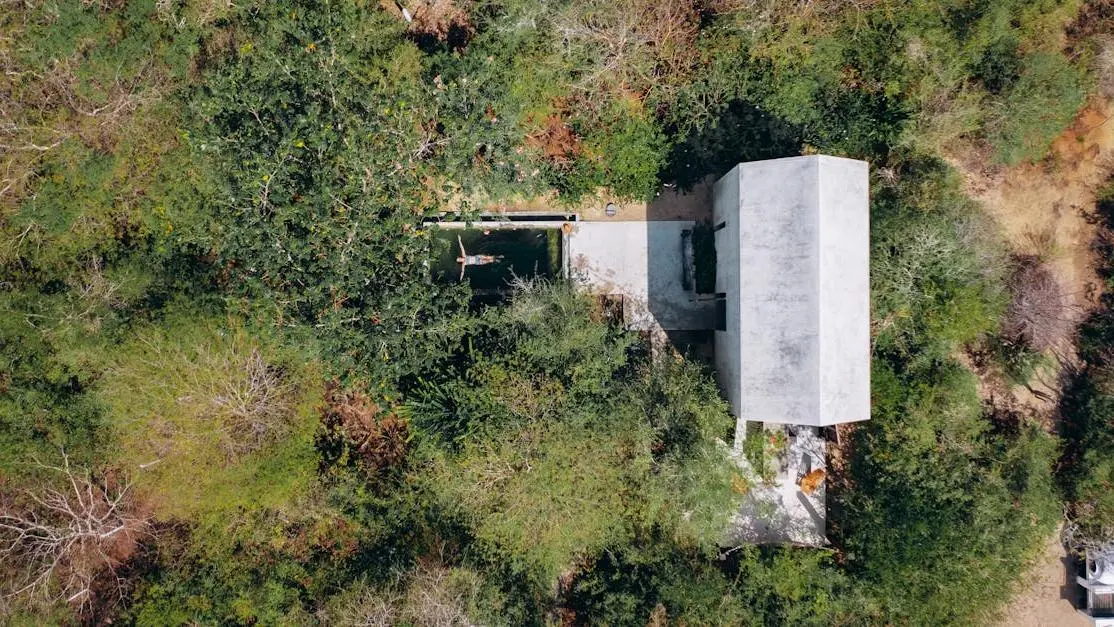 Aerial view of retreat venue surrounded by lush forest, ideal for hosting a retreat.
