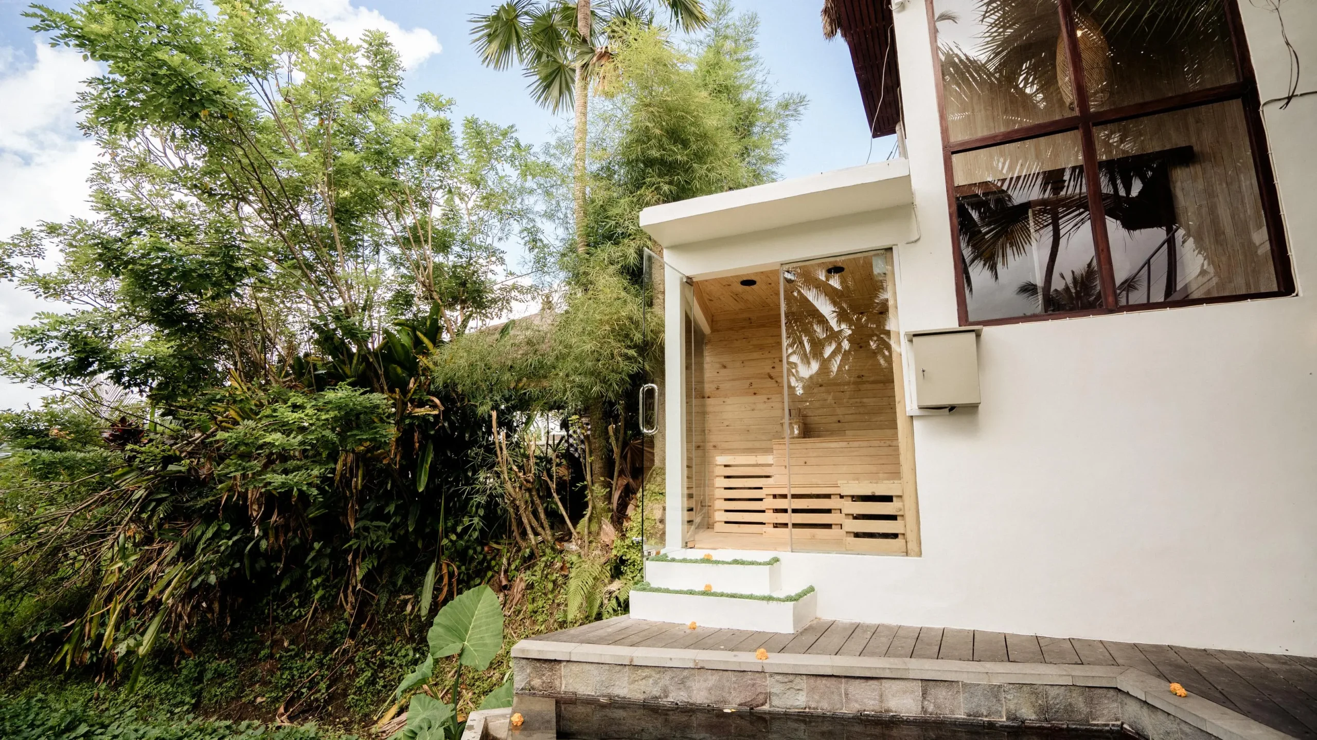 Eco-friendly pool with wooden deck and palm tree at a sustainable retreat