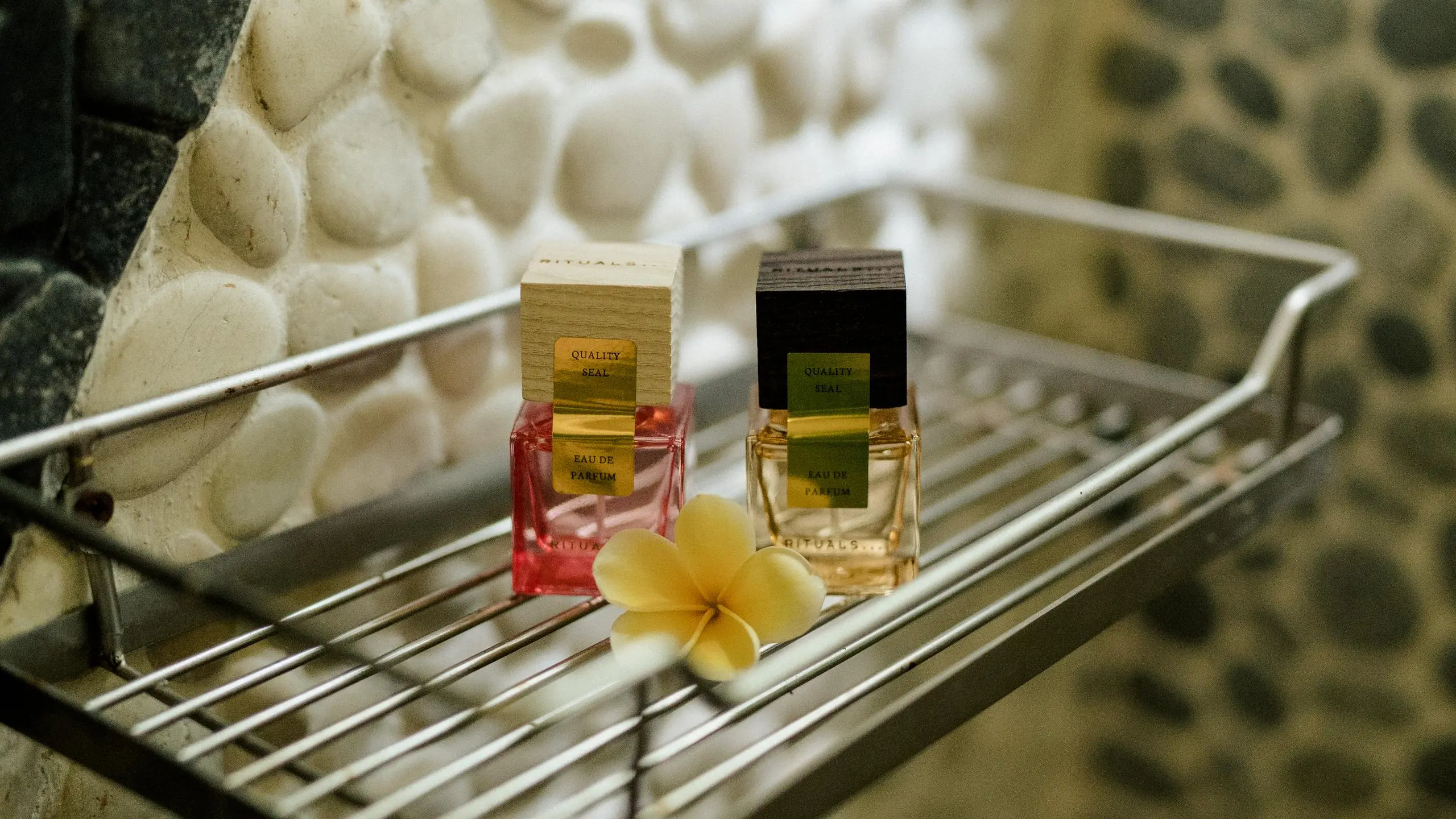 Perfume bottle and flower on shelf at a yoga retreat.