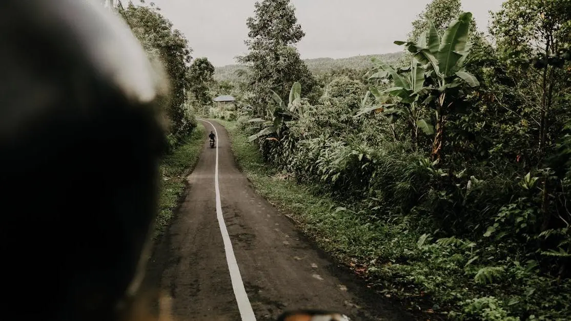 Motorcycle on a lush Bali road, illustrating getting around Bali amidst tropical greenery