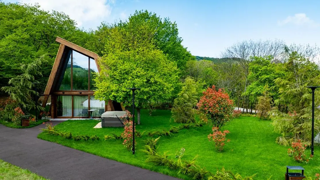 Eco-friendly chalet amidst lush greenery reflecting global wellness trends in sustainable travel
